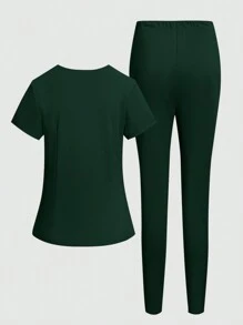 TaskEZ Conjunto de uniforme de scrubs de unicolor con top de manga corta y pantalones - Verde Oscuro - Ver 4