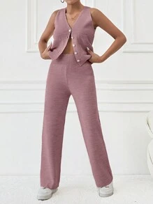 SHEIN PETITE Women's V-Neck Single-Breasted Knitted Vest & Knitted Pants Casual 2pcs Suit For Fall Winter