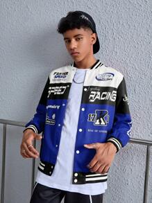 SHEIN 青少年男童休闲拼接撞色棒球夹克，赛车标志印花长袖罗纹腰带运动外套 - 寶藍色 - 查看 8