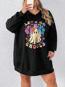 SHEIN CURVE+ Plus Size Cute Pattern Printed Black Hoodie Dress For Halloween - Black - View 8