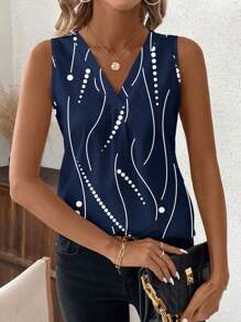 SHEIN Clasi 休闲优雅女式 V 领无袖圆点图案衬衫，适合夏季工作和日常穿着 - 藏蓝色 - 查看 5