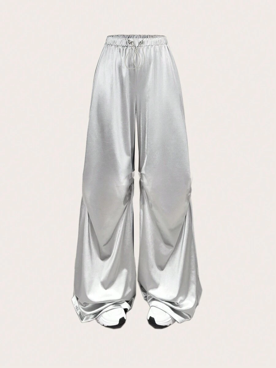 SHEIN Essnce 女士休闲时尚银色抽绳百褶休闲运动宽松裤特长拖地裤降落伞裤阔腿女裤秋季女装 - 銀色 - 查看 1