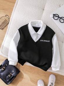 1 chiếc áo nỉ dài tay cổ chữ V rộng rãi 2 trong 1 cho bé trai, màu trắng và xanh lam tương phản, thích hợp cho các buổi đi chơi, đi học, mùa thu/đông - màu đen - Xem 1