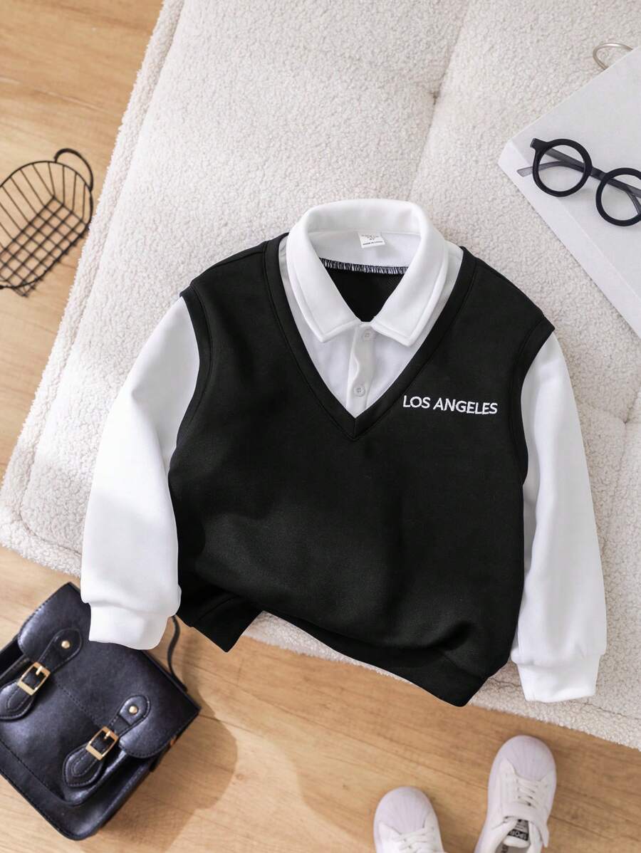 1 chiếc áo nỉ dài tay cổ chữ V rộng rãi 2 trong 1 cho bé trai, màu trắng và xanh lam tương phản, thích hợp cho các buổi đi chơi, đi học, mùa thu/đông - màu đen - Xem 1