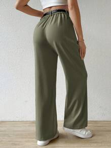 SHEIN EZwear Quần ống đứng thường ngày cho nữ có thắt lưng, thời trang đường phố - màu xanh lá - Xem 2