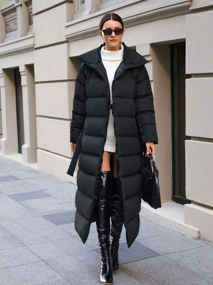 EURMUSE Oversize Belt Detailed Winter Coat - Black - View 3