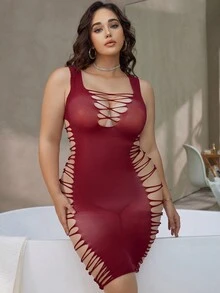 高弹力交叉性感睡袍加大码女士内衣 - 酒紅色 - 查看 5