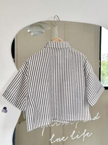 SHEIN Unity 女士休闲条纹卷袖宽松短款衬衫女士衬衫 - 棕色 - 查看 2