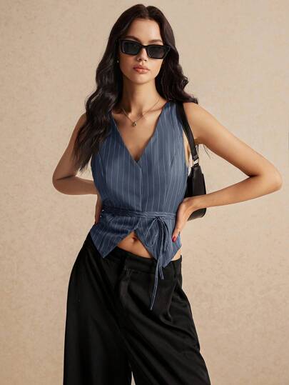 SHEIN Frenchy 女士条纹印花简约无袖衬衫
