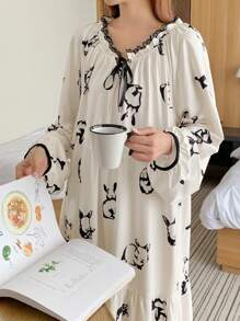 DAZY Women Cute Rabbit Pattern Contrast Trim Drawstring Nightgown