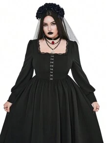 Whyspr 暗黑朋克哥特式中世纪复古暗黑哥特式巴洛克宫廷风格泡泡袖复古金属装饰纽扣腰部喇叭裙长款哥特女装 - 黑色 - 查看 2