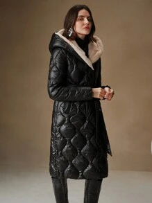 Anewsta 女士宽松葫芦形毛绒拼接长款羽绒服 - 黑色 - 查看 8