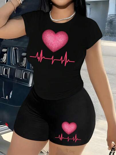 INAWLY 2 件女式心脏心电图印花短款上衣和紧身裤套装
