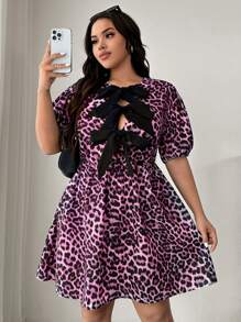 SHEIN EZwear 大码泡泡袖豹纹领结连衣裙 - 粉色 - 查看 5