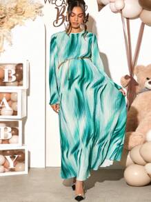 Loomaby 孕妇全身印花圆领长袖连衣裙，适合性别展示和婴儿洗礼派对 - 彩色 - 查看 3