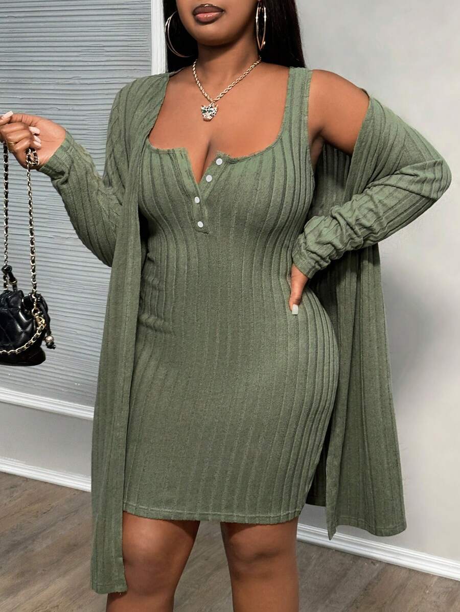 Slaydiva Plus Size Pocket Design Buttoned Ribbed Casual Dress & Long Sleeve Open Front Coat-Light Green-J