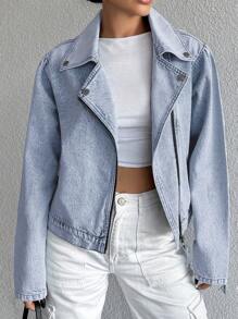 EURMUSE Women's Motorcycle Style Denim Jacket - Blue - View 1