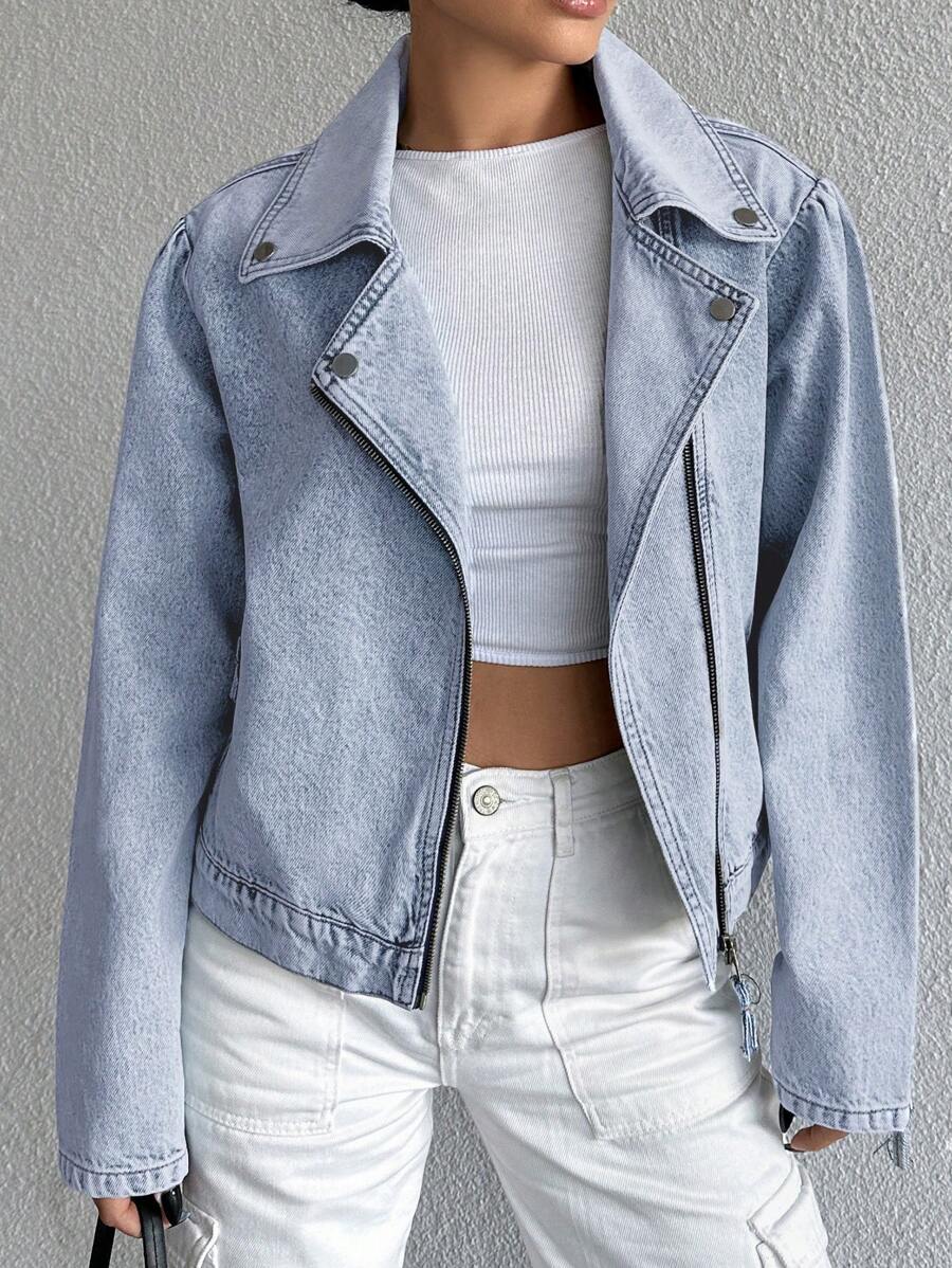 EURMUSE Women's Motorcycle Style Denim Jacket - Blue - View 1