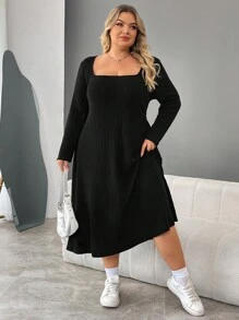 SHEIN CURVE+ Váy len dệt kim gân màu trơn cỡ lớn cho nữ, váy mùa thu - màu đen - Xem 5