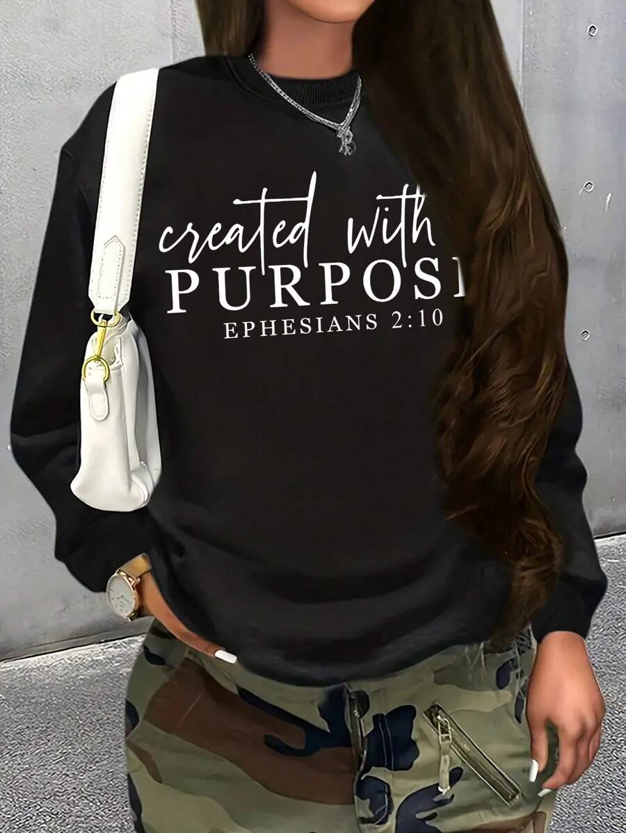 女士连帽衫时尚休闲落肩圆领连帽衫学院风彩色字母印花秋冬季保暖运动长袖上衣 - 黑色 - 查看 1