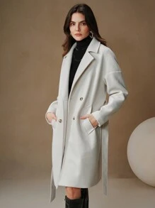 Anewsta Manteau beige ample de longueur mi-mollet avec corset de taille pour femmes