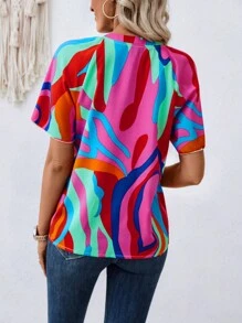 SHEIN LUNE Camisa de mujer casual de vacaciones con estampado aleatorio y cuello con muesca
