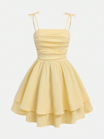 SHEIN Girlism 少女编织纯色褶皱多层下摆休闲吊带连衣裙