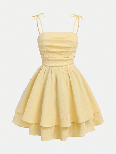 SHEIN Girlism 少女编织纯色褶皱多层下摆休闲吊带连衣裙