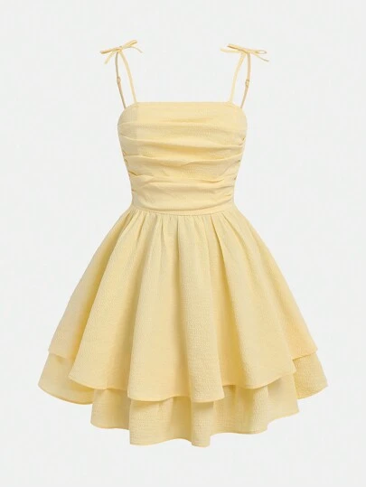 SHEIN Girlism 少女编织纯色褶皱多层下摆休闲吊带连衣裙