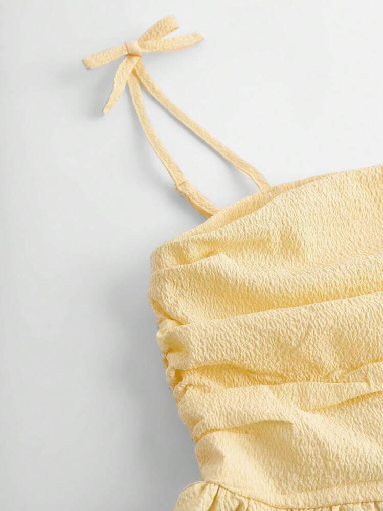 SHEIN Girlism Vestido casual de tirantes de niña adolescente con unicolor plisado, falda con volantes - Mostaza Amarilla - Ver 4