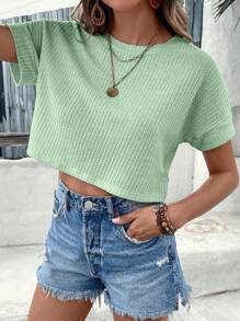 SHEIN VCAY Spring Solid Batwing Sleeve Crop Tee - Green - View 4