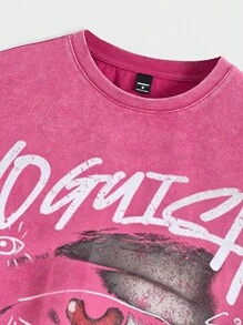 Manfinity EMRG 男士超大街头风格复古做旧涂鸦红眼文字万圣节 + 亡灵节印花洋红色落肩雪洗足球球衣风格 T 恤。 - 玫紅色 - 查看 3