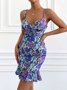 SHEIN Cottnline Spaghetti Strap Ruched Floral All-Over Print Casual Mini Dress - Multicolor - View 5