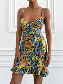 EURMUSE Women's Spaghetti Strap Backless Sleeveless Allover Allover Print Ruched Fitted Dress - Multicolor - View 4