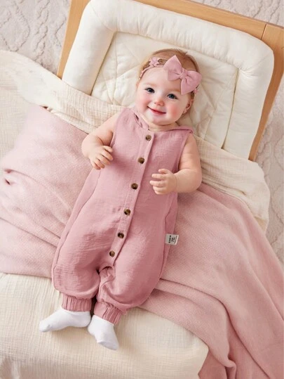 SHEIN 女宝宝简约纯色针织无袖连帽连体衣