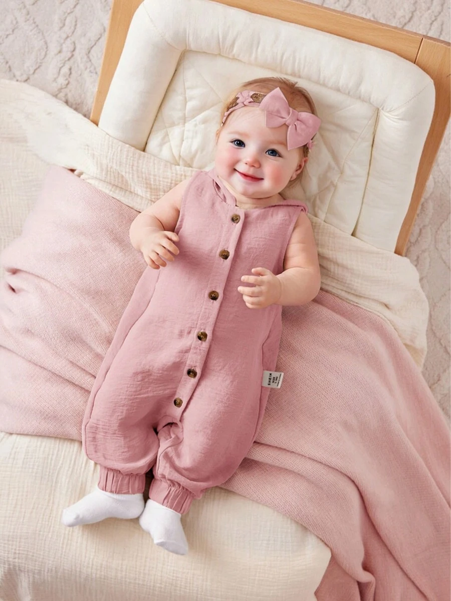 SHEIN 女宝宝简约纯色针织无袖连帽连体衣