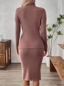 EMERY ROSE 2 件套纯色领长袖简约毛衣和 A 字裙休闲装 - 棕色 - 查看 2