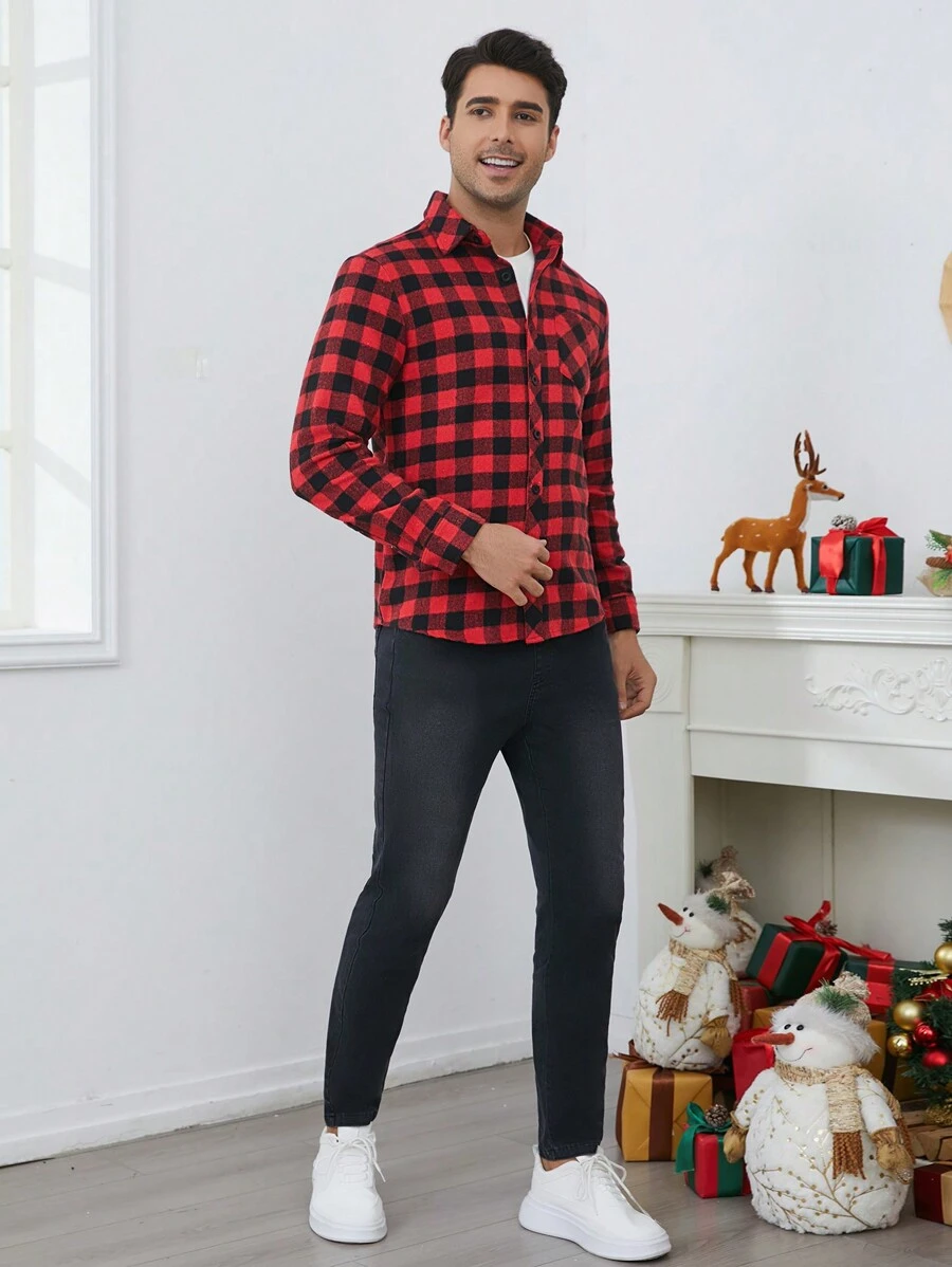 2 piezas Camisa casual con cuello a cuadros y pantalones largos de mezclilla, conjunto de padre e hijo