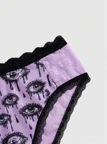 ROMWE Goth Bộ áo ngực và quần lót không dây in hình mắt khóc kinh dị Nightmare - Màu tím - Xem 4