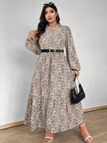 Flirla 加大码全身印花灯笼袖荷叶边下摆连衣裙（无腰带）长款女装 - 彩色 - 查看 6