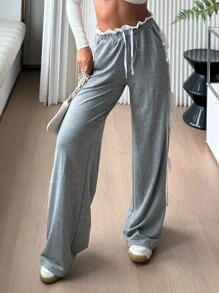 SHEIN EZwear Casual Sports Solid Color Knitted Wide Leg Pants With Contrast Bowknot For Women
