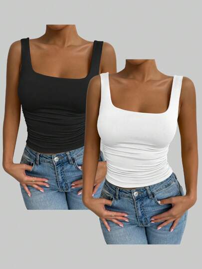 Chiquease Solid Color Minimalist Wide Strap Casual Tank Top