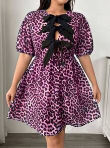 SHEIN EZwear 大码泡泡袖豹纹领结连衣裙 - 粉色 - 查看 6