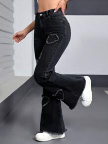 SHEIN EZwear Women's Front Button Pockets Distressed Hem Jeans, Casual Everyday Wear Y2K Love Ripped Fashionable Casual Denim Stretch Bell Pants - Black - View 4