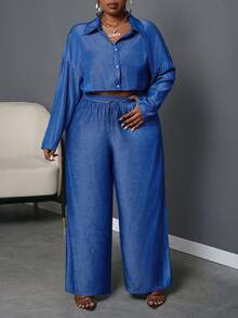 Slaydiva Bộ 2 món áo sơ mi crop top tay dài màu xanh denim rộng rãi thoải mái cho nữ size lớn - Z - Màu xanh lam - Xem 3