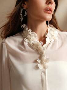 Anewsta 女士优雅手工花卉领装饰宽松轻便长袖衬衫，秋冬，长袖上衣 - 杏色 - 查看 7