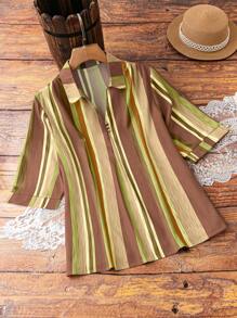 EMERY ROSE Plus Size Mid-Length Striped Simple Casual Shirt - Multicolor - View 1