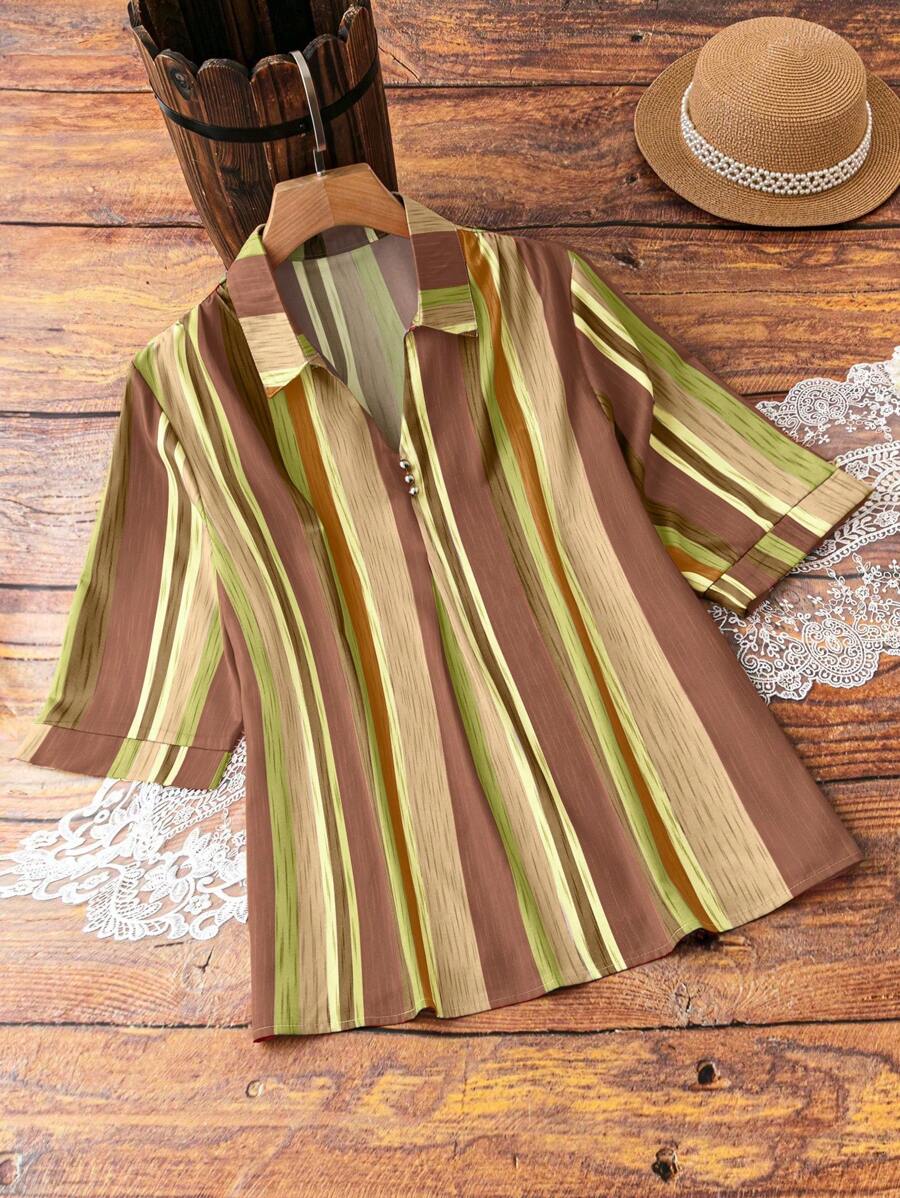 EMERY ROSE Plus Size Mid-Length Striped Simple Casual Shirt - Multicolor - View 1