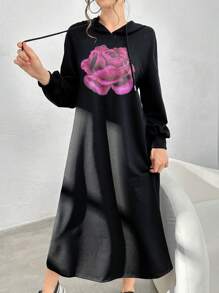 Modelyn Áo hoodie rút dây họa tiết hoa dành cho nữ, Áo nỉ thời trang thường ngày - màu đen - Xem 1