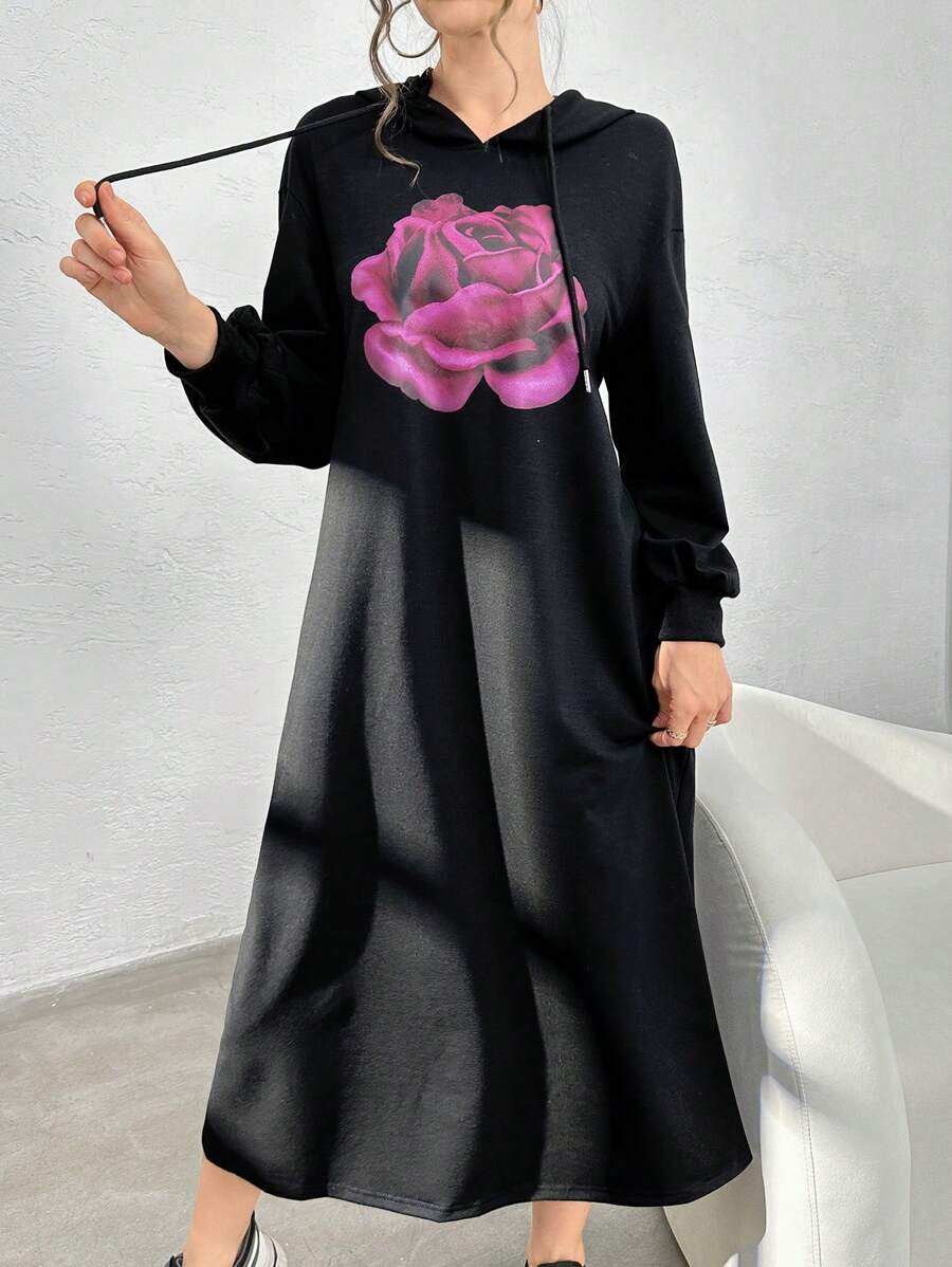 Modelyn Áo hoodie rút dây họa tiết hoa dành cho nữ, Áo nỉ thời trang thường ngày - màu đen - Xem 1